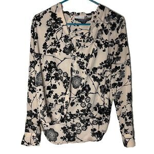 New York & Company Sheer Pink and Black‎ Floral Blouse Size XSmall